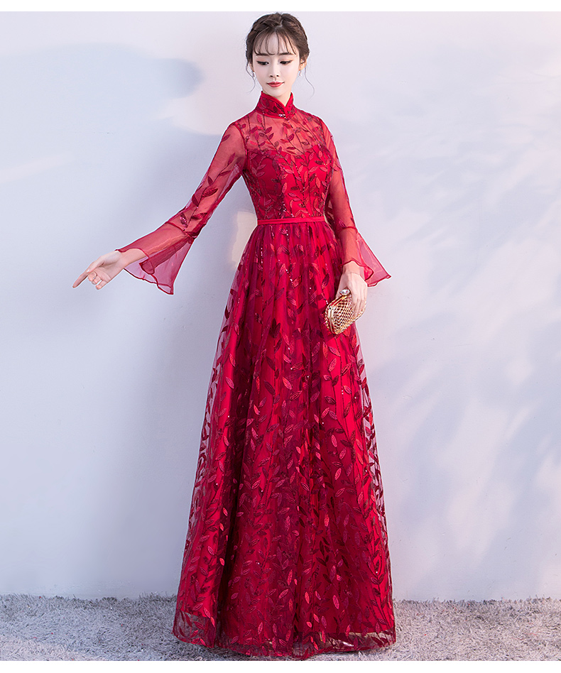 新穎喇叭袖中式禮服，性感鏤空繡花晚禮服