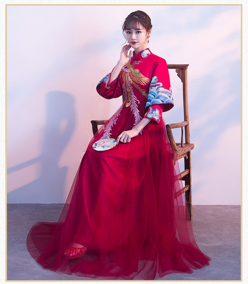 復(fù)古鳳凰刺繡中式禮服，中國(guó)風(fēng)結(jié)婚晚禮服
