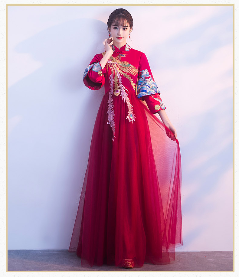 復(fù)古鳳凰刺繡中式禮服，中國(guó)風(fēng)結(jié)婚晚禮服
