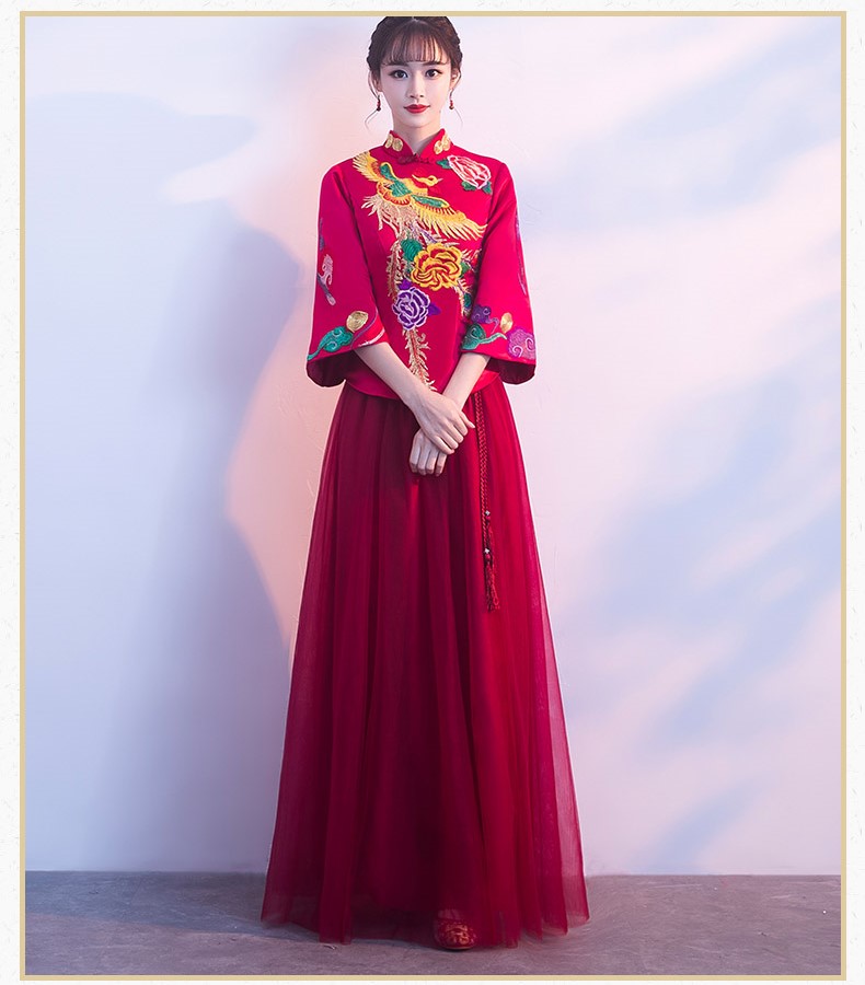 古典韻味中式禮服，鳳凰刺繡新娘結婚禮服