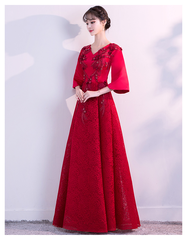 時(shí)尚性感V領(lǐng)中式禮服，立體繡花新娘結(jié)婚禮服