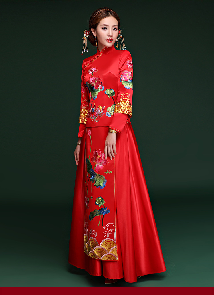 荷塘鴛鴦戲水中式禮服，中國(guó)風(fēng)新娘結(jié)婚禮服