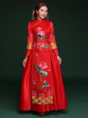 荷塘鴛鴦戲水中式禮服，中國風新娘結婚禮服