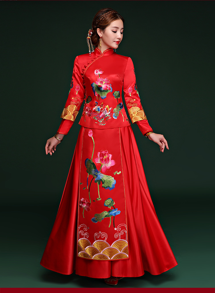 荷塘鴛鴦戲水中式禮服，中國(guó)風(fēng)新娘結(jié)婚禮服
