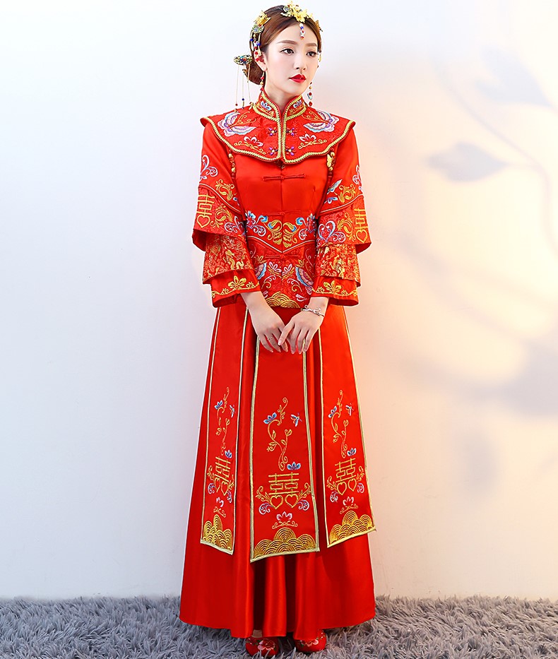 紅色復古典雅中式禮服，新娘結婚禮服