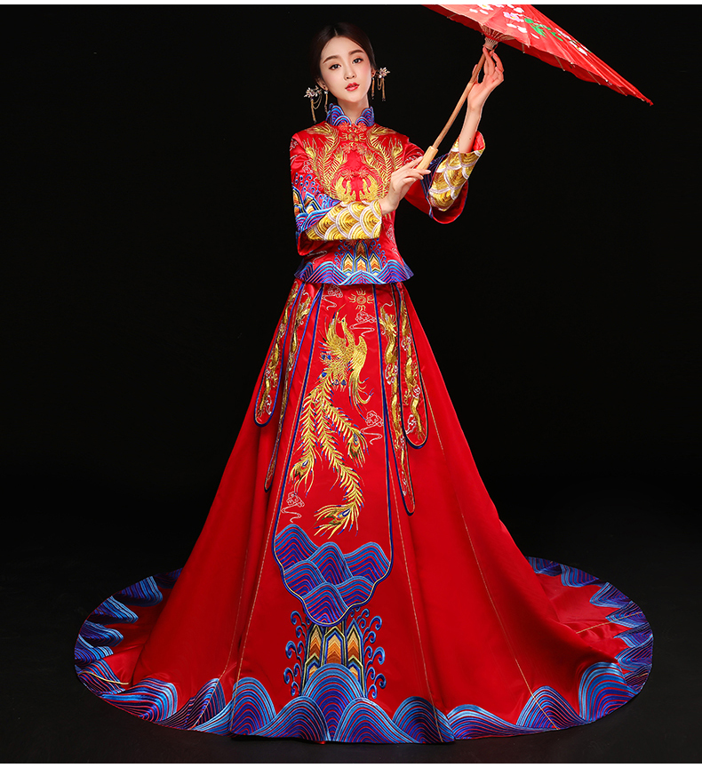 水波紋刺繡中式禮服，奢華拖尾新娘結婚禮服