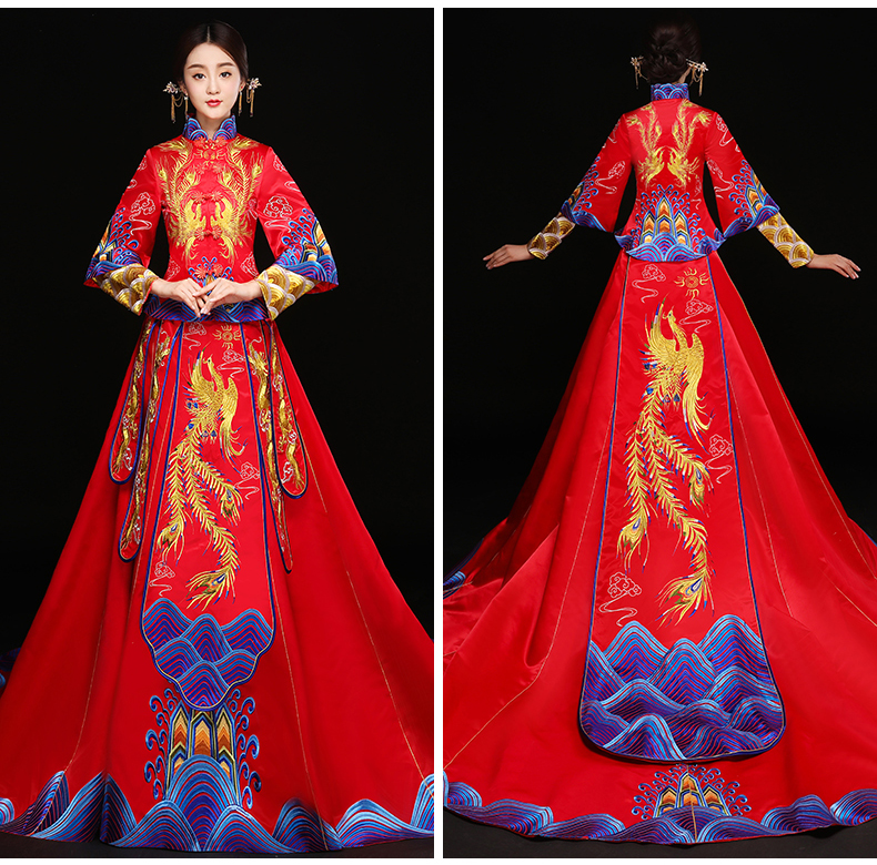 水波紋刺繡中式禮服，奢華拖尾新娘結婚禮服