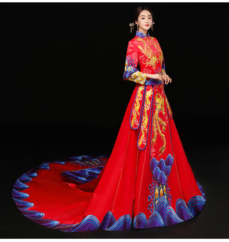 水波紋刺繡中式禮服，奢華拖尾新娘結婚禮服
