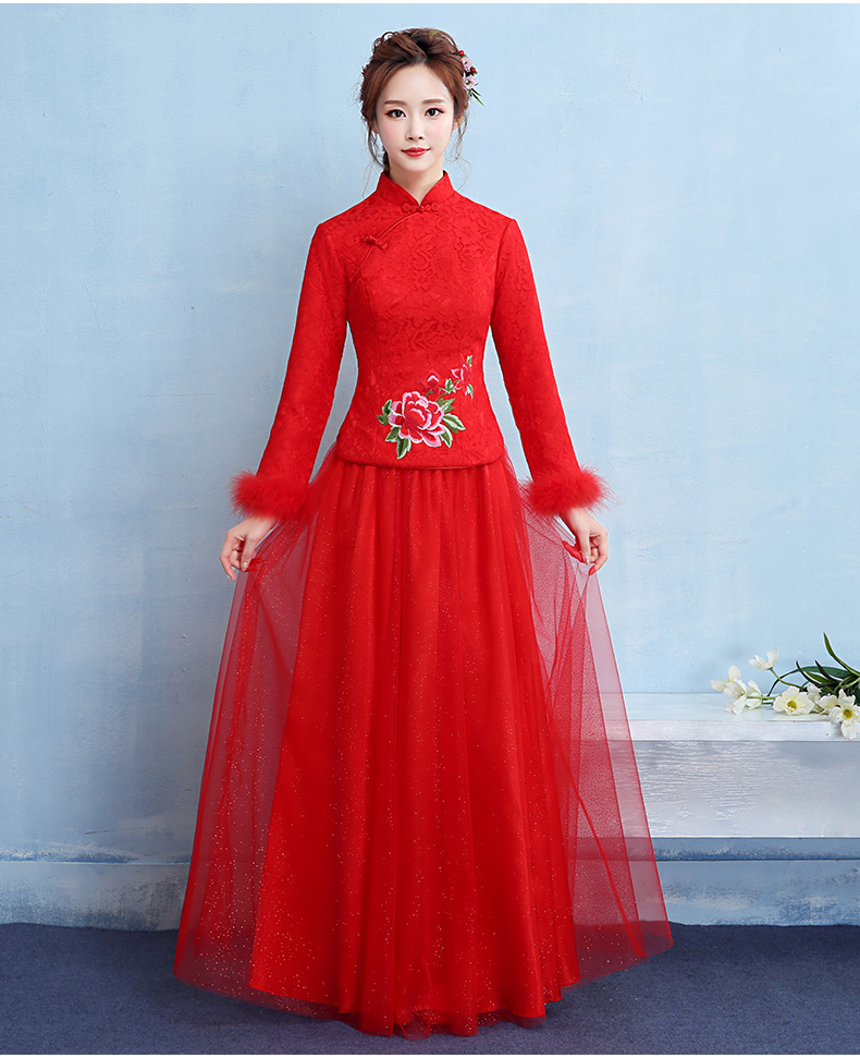 牡丹繡花中式禮服，中國風保暖晚禮服