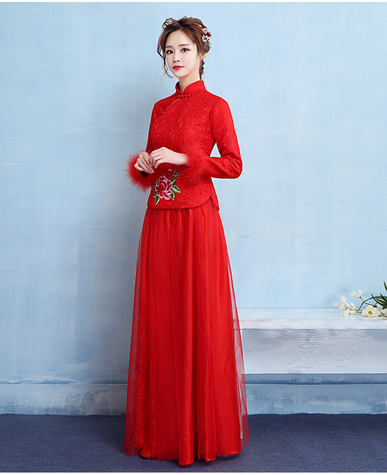牡丹繡花中式禮服，中國風保暖晚禮服