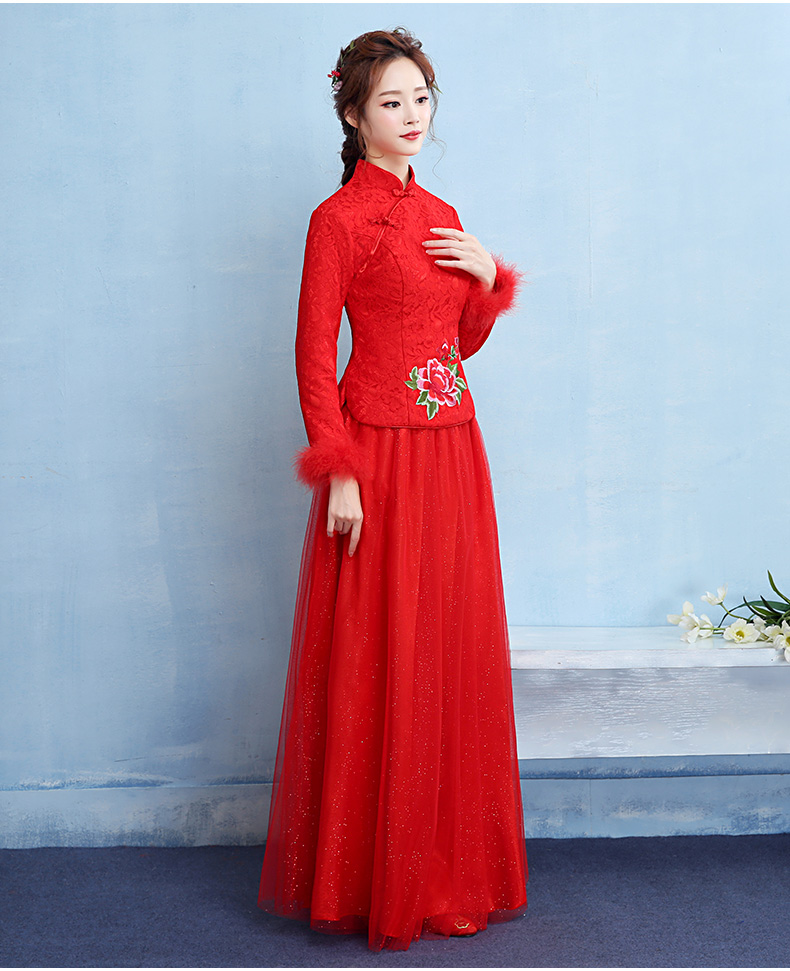 牡丹繡花中式禮服，中國風保暖晚禮服