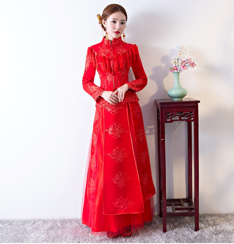 精致蕾絲花紋中式禮服，新娘結婚禮服