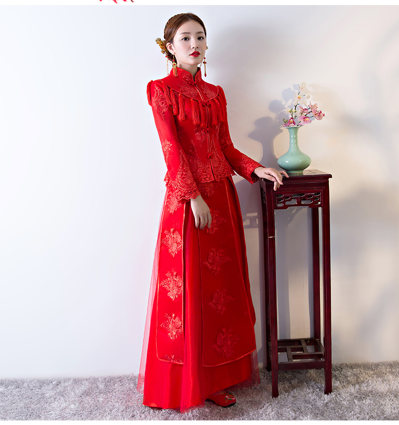 精致蕾絲花紋中式禮服，新娘結婚禮服