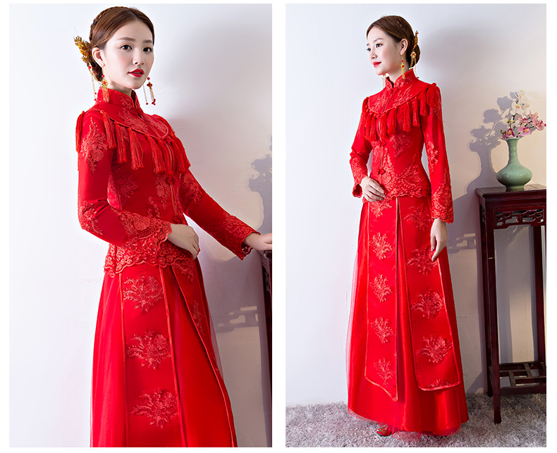 精致蕾絲花紋中式禮服，新娘結婚禮服
