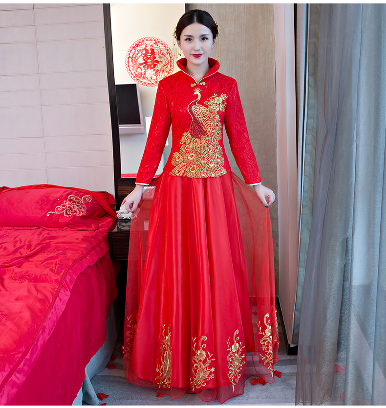 孔雀亮片繡花中式禮服，唯美新娘結婚禮服