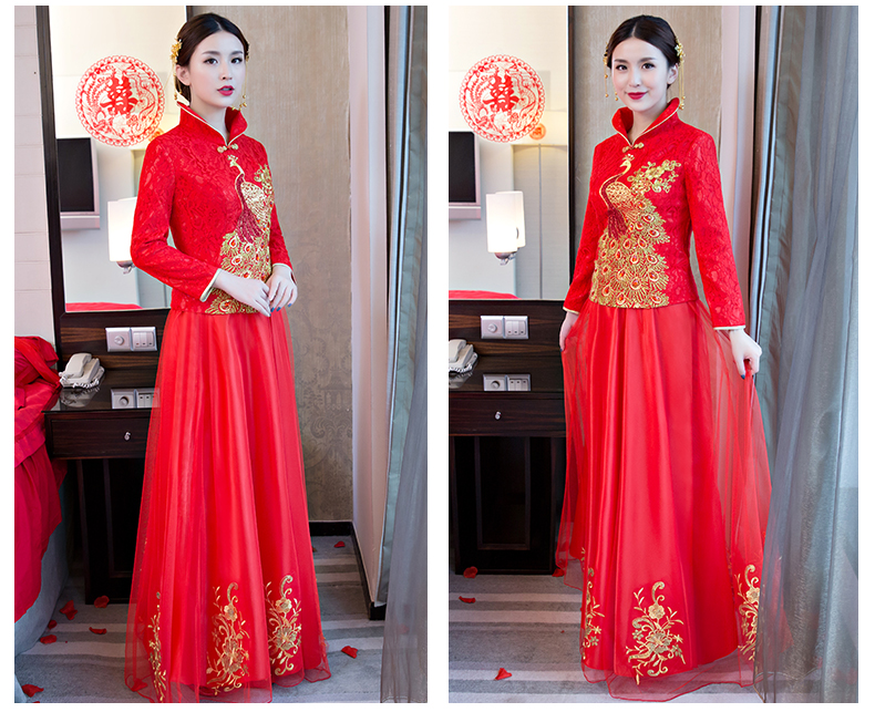 孔雀亮片繡花中式禮服，唯美新娘結婚禮服