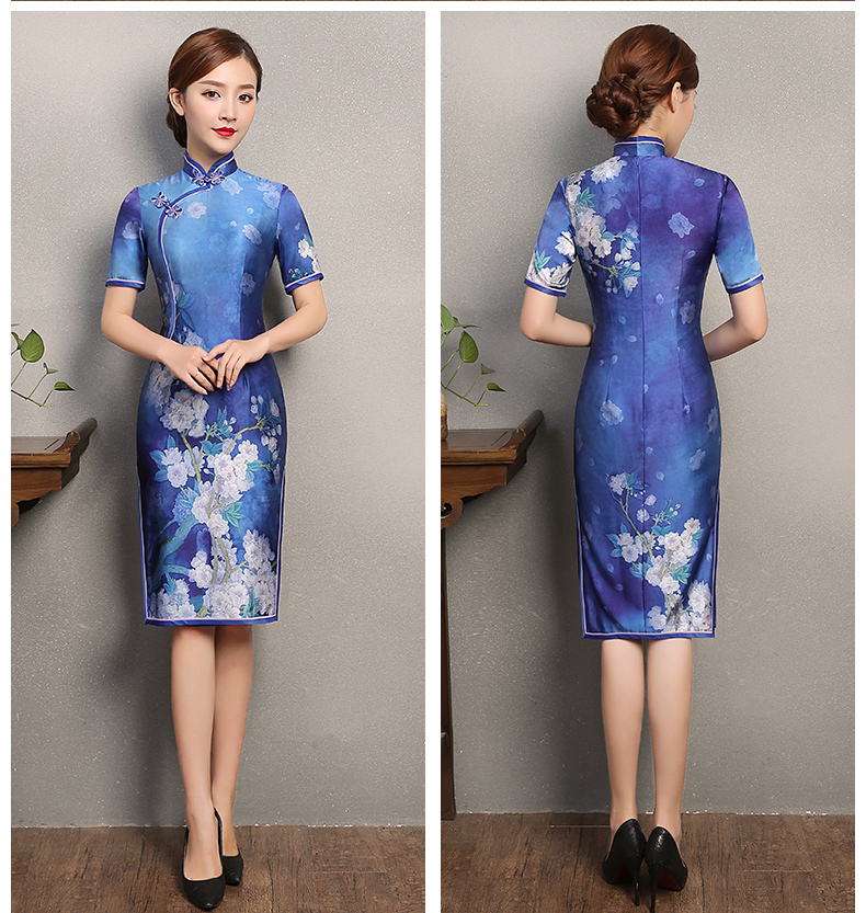 藍嬌印花旗袍，復古真絲旗袍裙