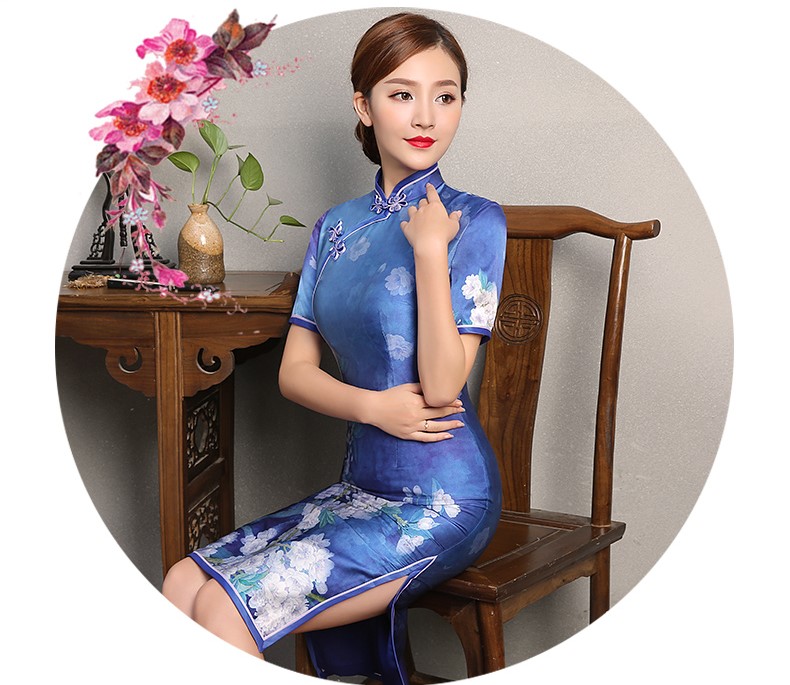 藍嬌印花旗袍，復古真絲旗袍裙