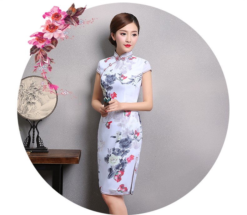 花美牡丹旗袍，復古中國風短袖旗袍裙