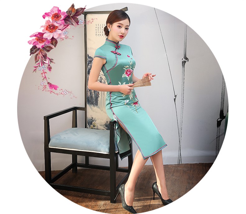 復古繡花旗袍，短袖真絲旗袍裙
