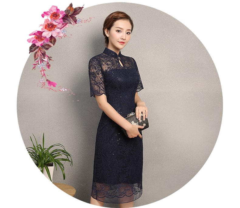 復(fù)古蕾絲繡花亮片旗袍，深藍色旗袍裙