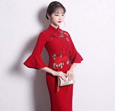 時尚復(fù)古中式禮服，喇叭袖晚禮服