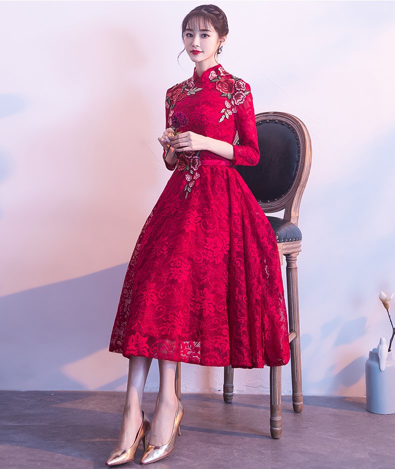 古典蕾絲中式禮服，優雅花朵晚禮服