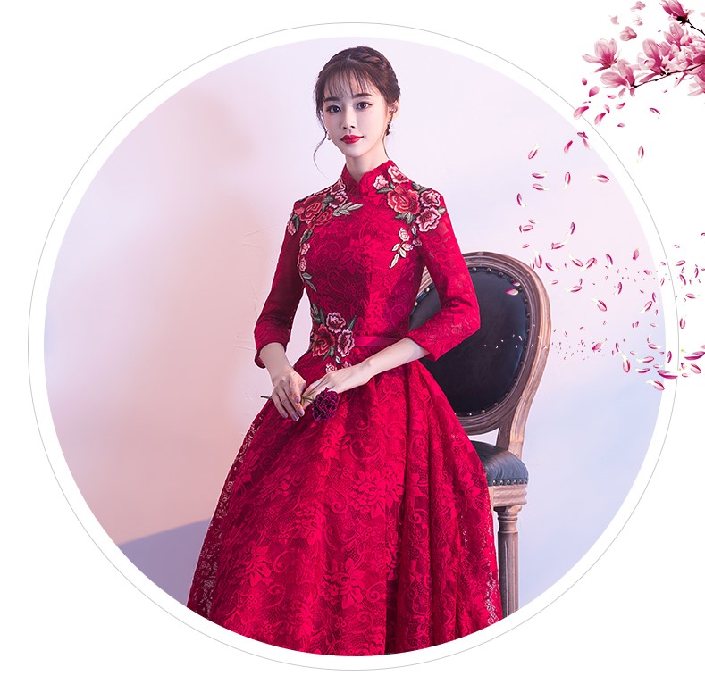 古典蕾絲中式禮服，優雅花朵晚禮服