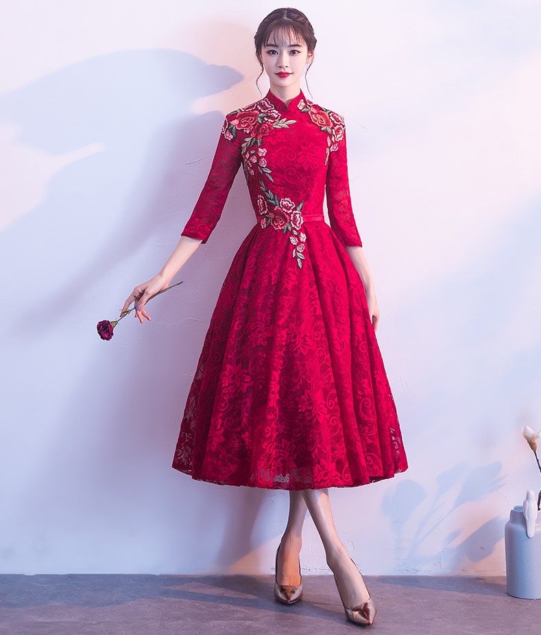 古典蕾絲中式禮服，優雅花朵晚禮服