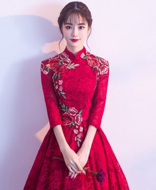 古典蕾絲中式禮服，優雅花朵晚禮服