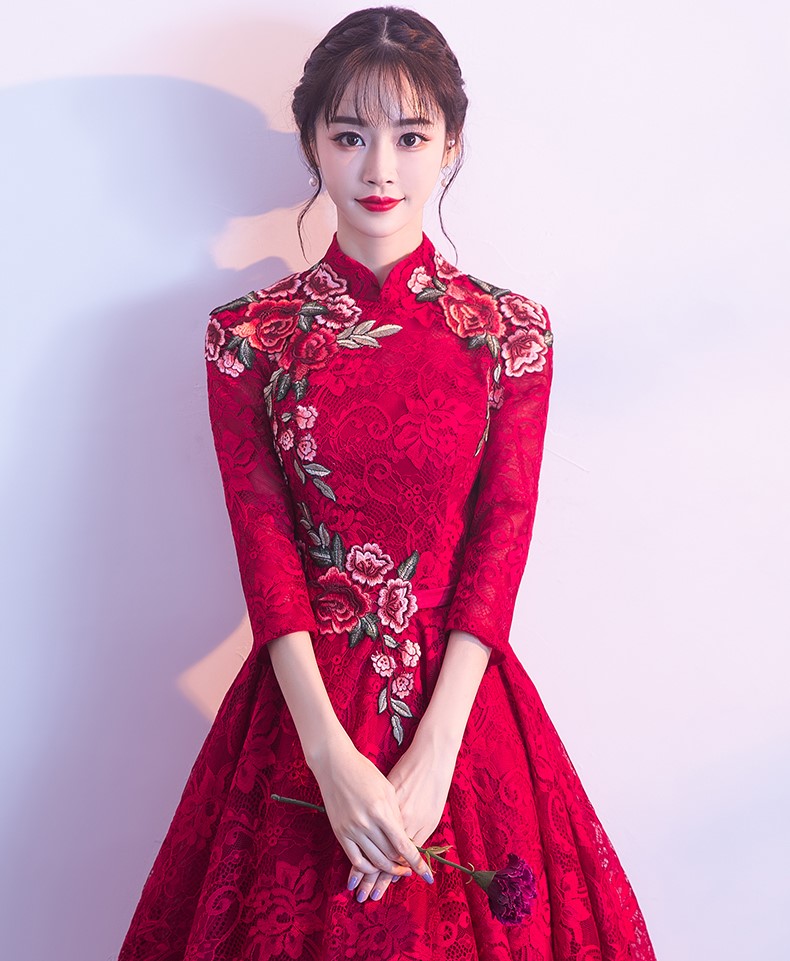 古典蕾絲中式禮服，優雅花朵晚禮服