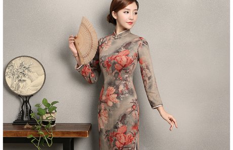復古風紅旦旗袍，中式紅花朵旗袍裙