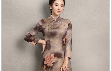 粉荷印花旗袍，中國(guó)風(fēng)復(fù)古旗袍裙