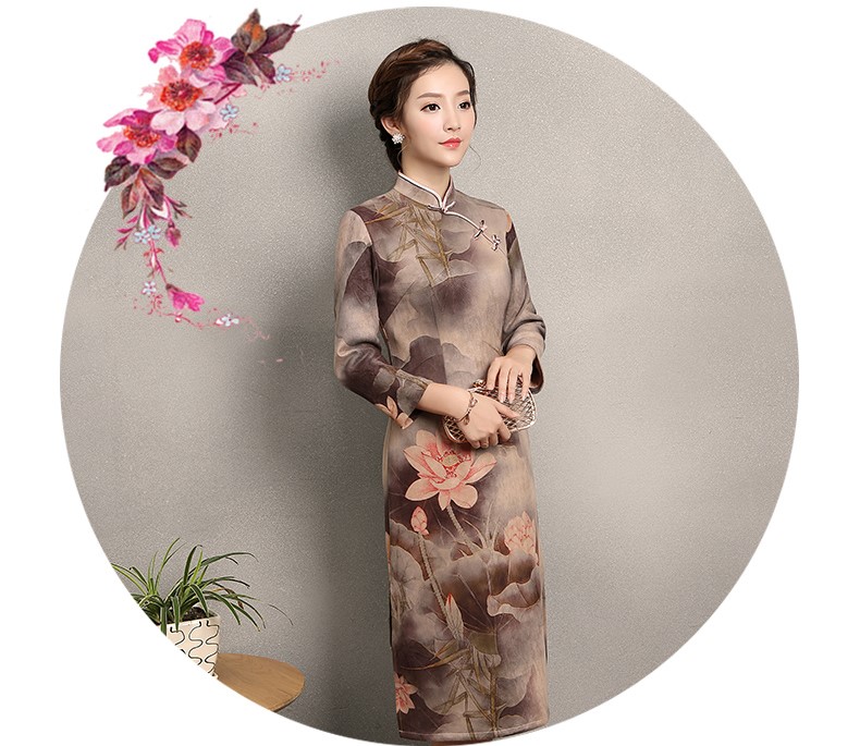 粉荷印花旗袍，中國風復古旗袍裙