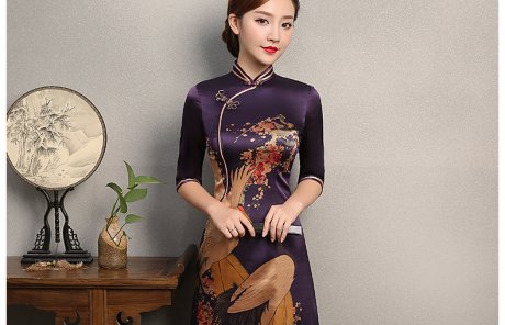鶴舞紫色旗袍，中國(guó)風(fēng)復(fù)古旗袍裙