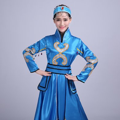 藍(lán)色大裙擺蒙古族服飾，少數(shù)民族服裝
