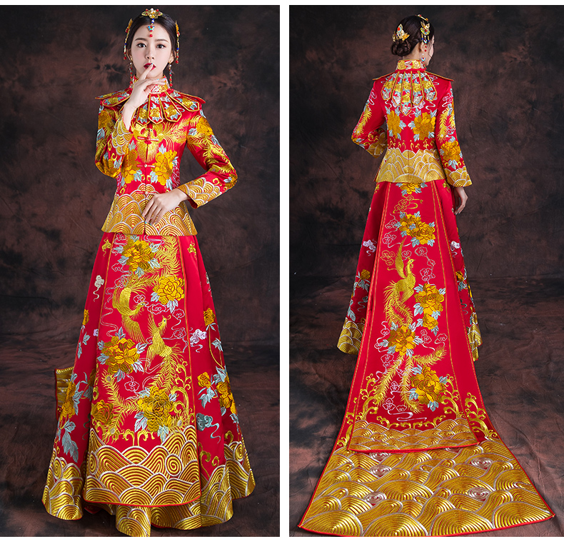 紅色長款拖尾中式禮服，精美刺繡新娘結婚禮服