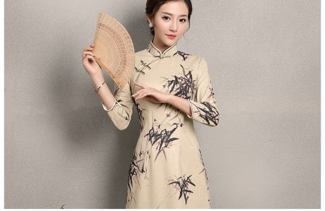 杏色墨竹旗袍，時(shí)尚中國(guó)風(fēng)旗袍裙