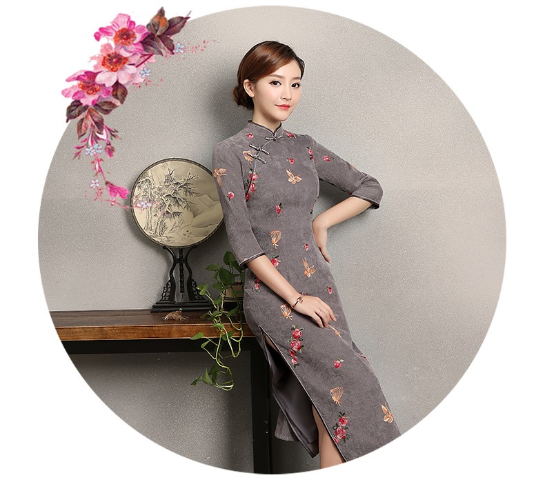 藍灰色蝴蝶旗袍，優雅復古旗袍裙