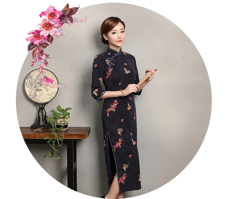 藍灰色蝴蝶旗袍，優雅復古旗袍裙