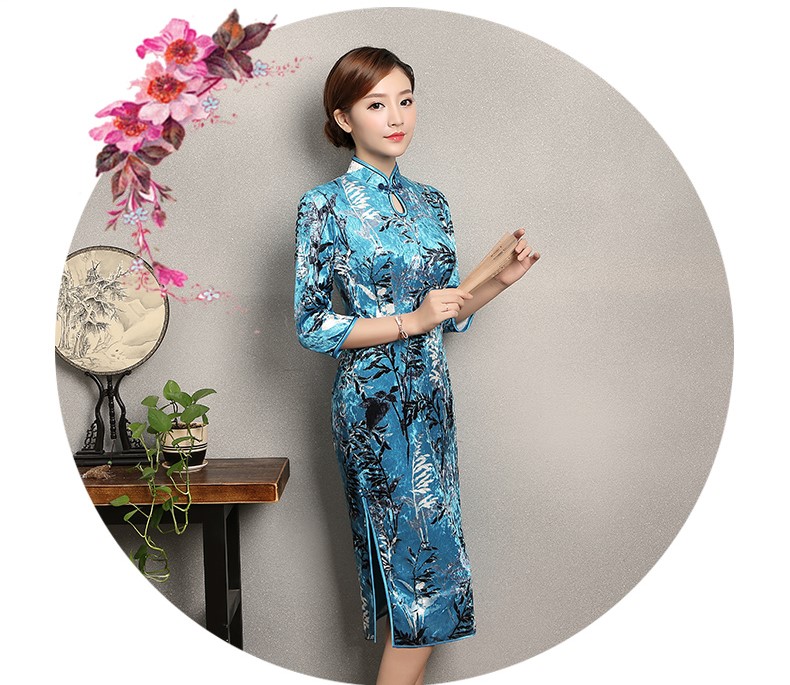藍色印花郁蘭旗袍，優雅復古旗袍裙