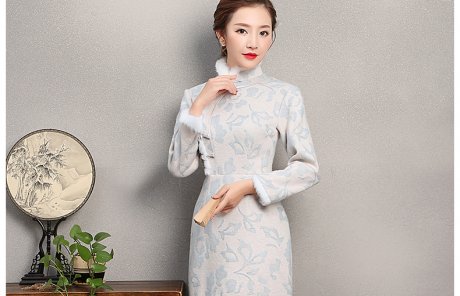 素凈淡雅旗袍，兔毛立領冬季旗袍裙