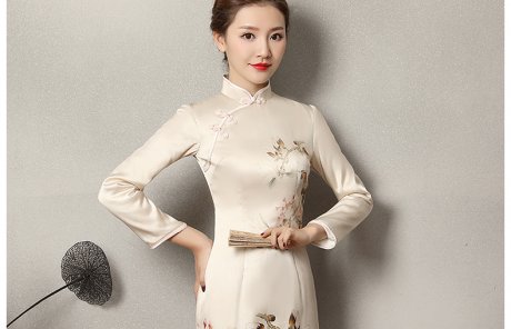 淺杏色樂鵲旗袍，清新復古旗袍裙