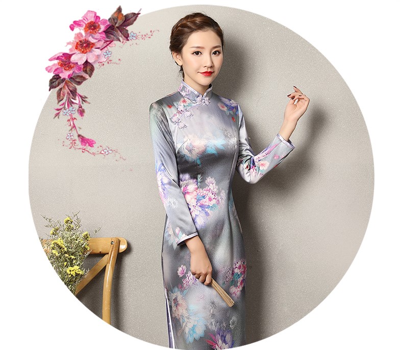 藍色提花孔雀旗袍，復古花域旗袍裙