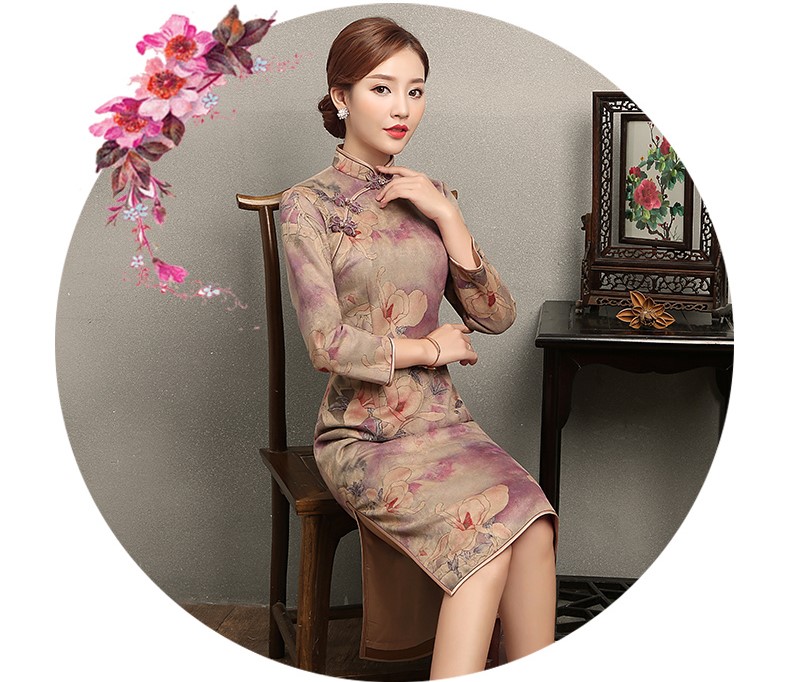 杏灰紫玉蘭印花旗袍，復古旗袍裙