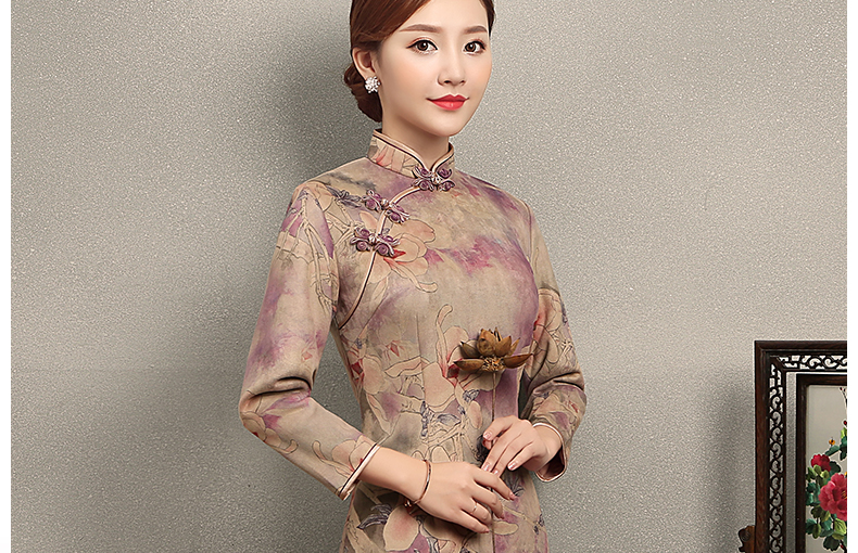 杏灰紫玉蘭印花旗袍，復古旗袍裙