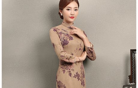 紫云牡丹印花旗袍，復(fù)古風(fēng)旗袍裙