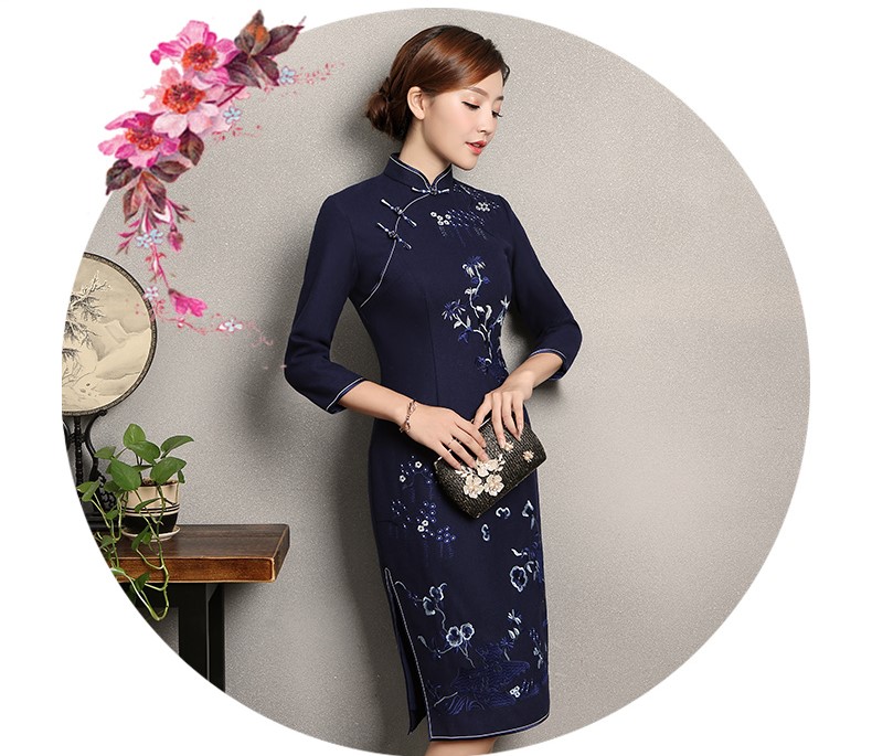 深藍(lán)色繡花旗袍，復(fù)古風(fēng)旗袍裙