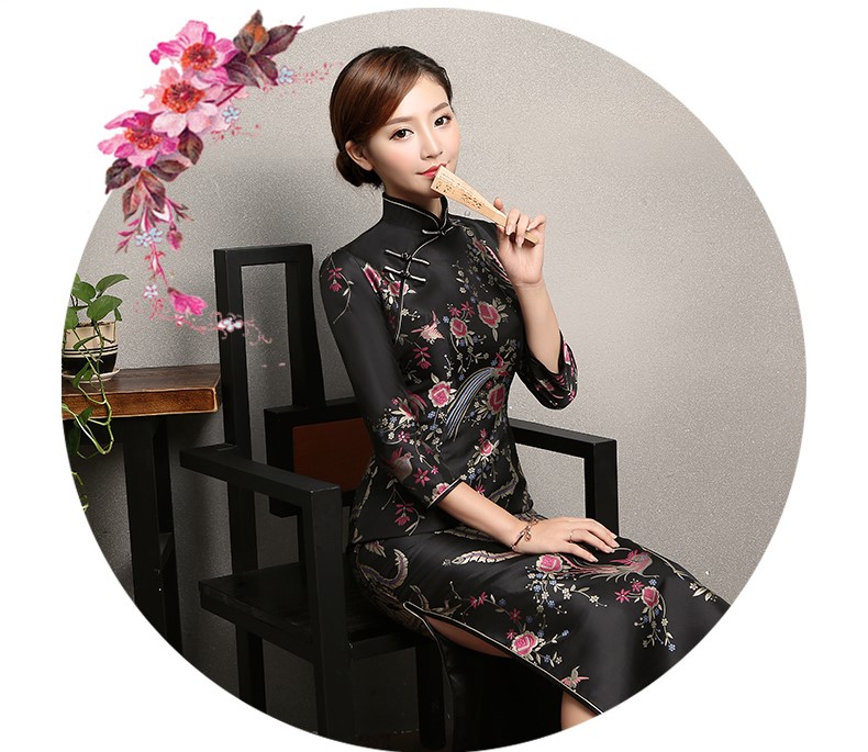 黑色鳳鳥提花旗袍，復古風旗袍裙