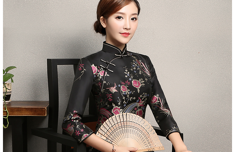 黑色鳳鳥提花旗袍，復古風旗袍裙